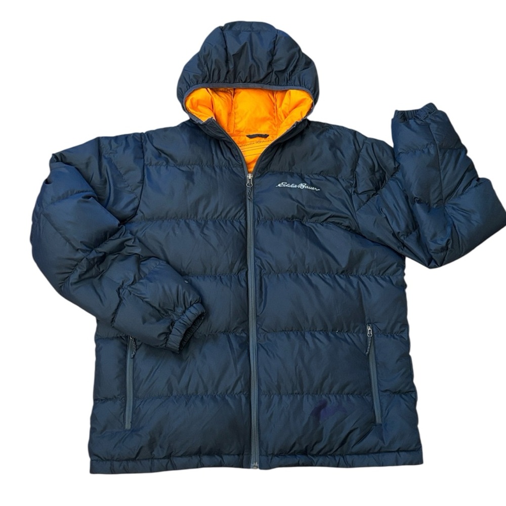 Eddie Bauer‎ Down Jacket Blue Wide Channel Hooded Size Large
